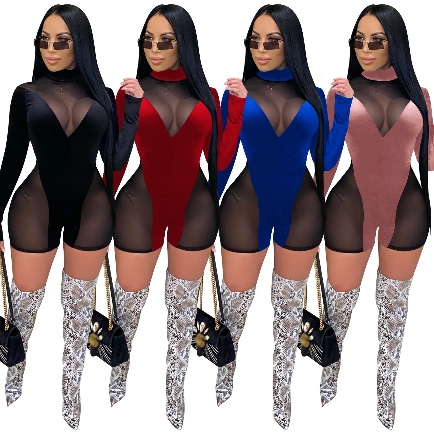 

New Sexy Nightclub Style See-Through Mesh Gold Velvet Stitching Women'S Long-Sleeved Short Jumpsuit