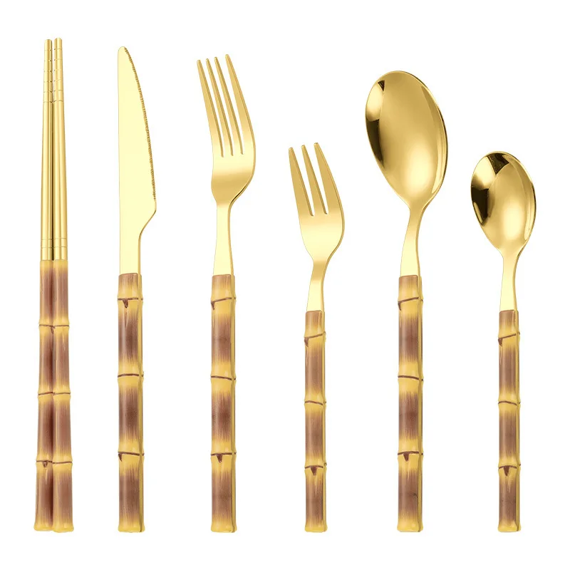 

RUIKAISI Wholesale Bamboo Shape Plastic Handle Black Gold Flatware Stainless Steel Cutlery