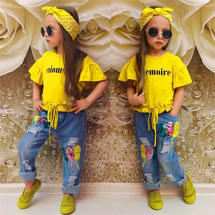 

Baby Girl 3 Pcs Sets Baby Yellow Lace Top+Printing Pants+Headband Children Clothing Sets Solid Soft Tshirt Toddler Clothes Jeans, Yellow/blue