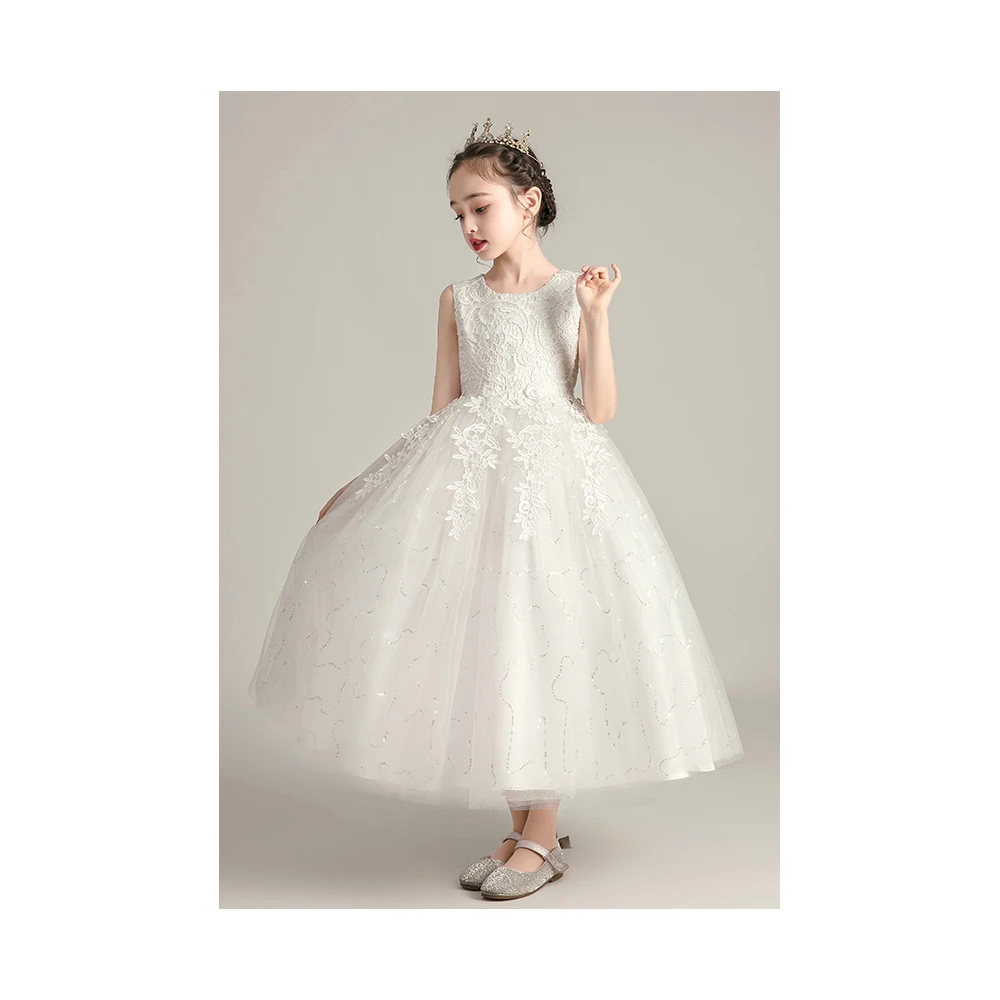 

Elegant Kids Party Wear White Maxi Length Flower Girl Dress Western Pageant Dresses for Kids Girl Birthday Party Tutu Dress, As shown