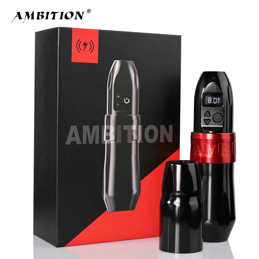 

Ambition Professional Tattoo Gun Rechargeable Wireless Rotary Tattoo Pen Machine with RCA Adapter and Spare Grip, Black, red, orange