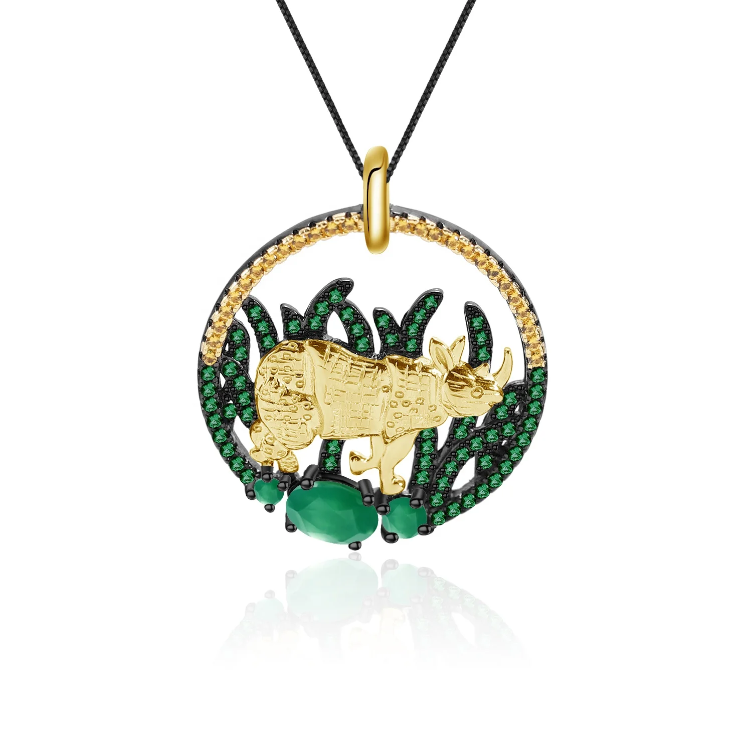 

Abiding Natural Green Agate Golden Rhinoceros Pendant Handcrafted Necklace 925 Sterling Silver Pendent Jewelry