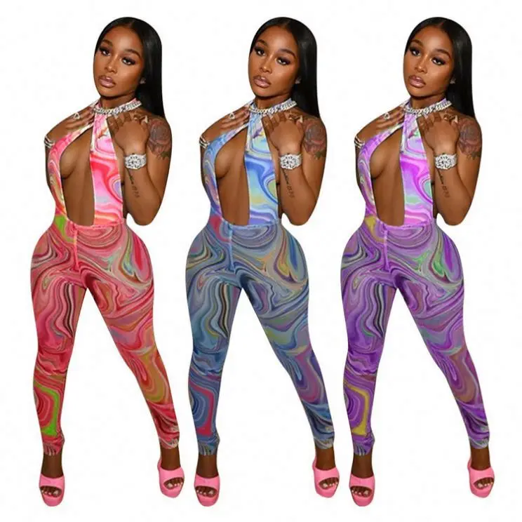 

Fondpink New Style Halter Print Long Pant Summer Sexy Women Stripe Jumpsuites Wholesale Female Jumpsuit