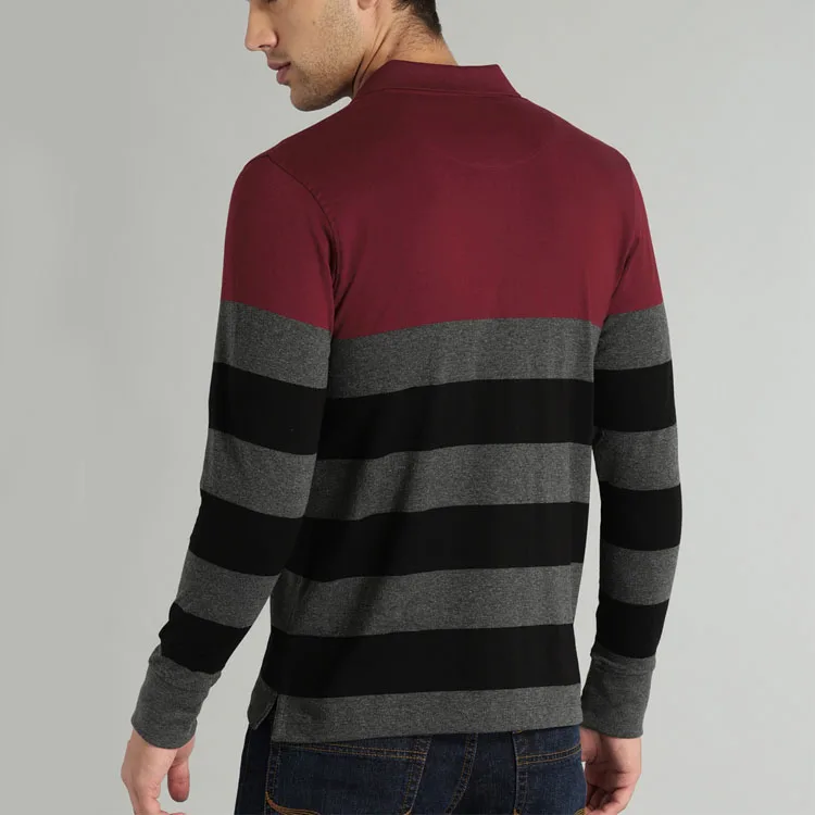 Custom wholesale Men Charcoal Grey & Maroon Striped Polo Collar T-shirt polo shirt men long sleve tomy hilfnger polo shirt