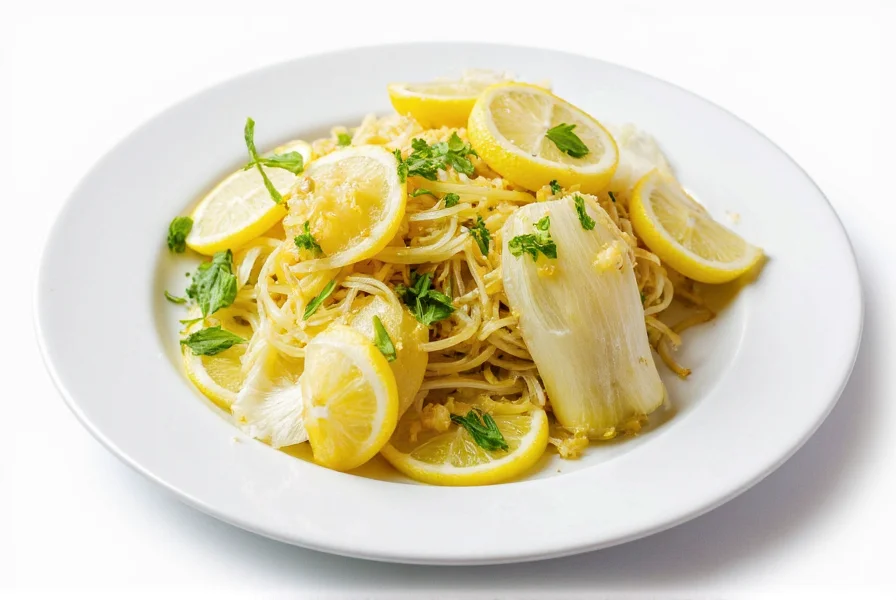 Colorful plate of sautéed fennel with lemon slices and fresh herbs on white background