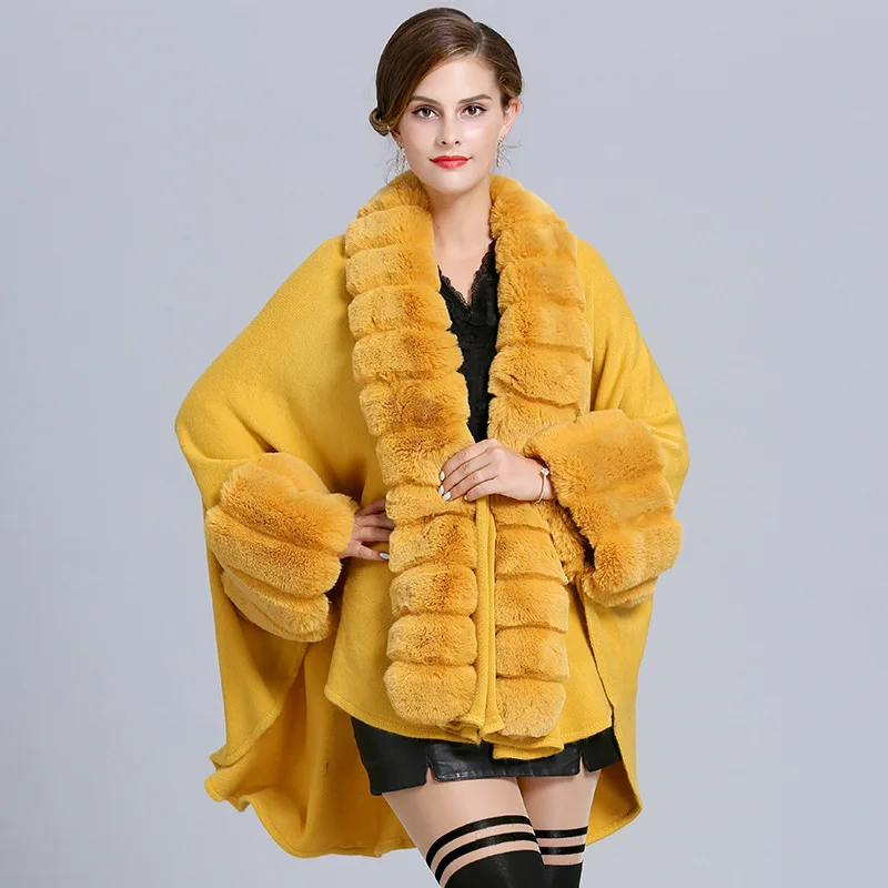 

Autumn/Winter faux fox fur collar knitted loose cardigan coat Poncho for women