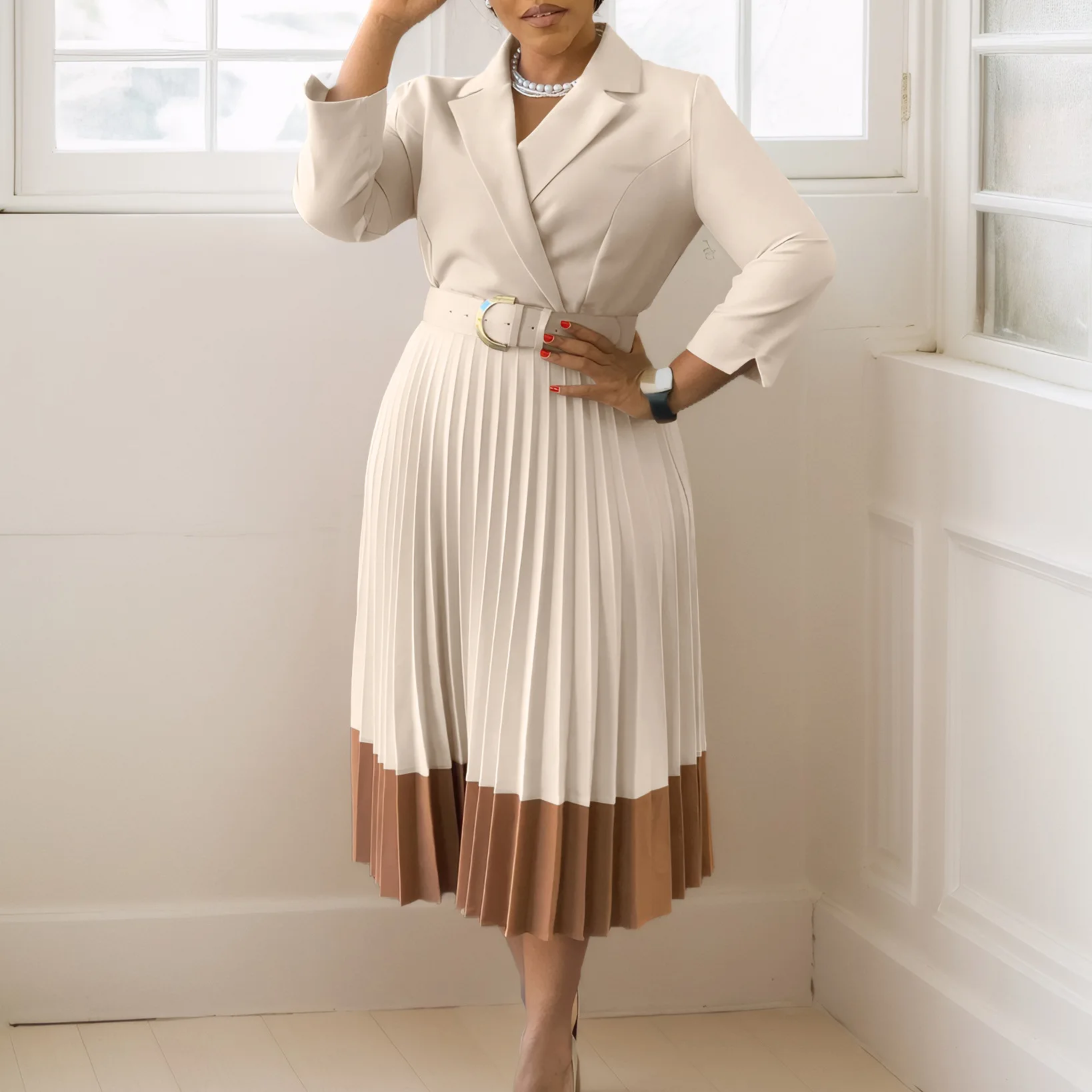 S-3XL Autumn Elegant Patchwork Waist Pleated Dress New Lady Turn-down Collar Belt Commuting Dress  Long Sleeve Slim Party Dress