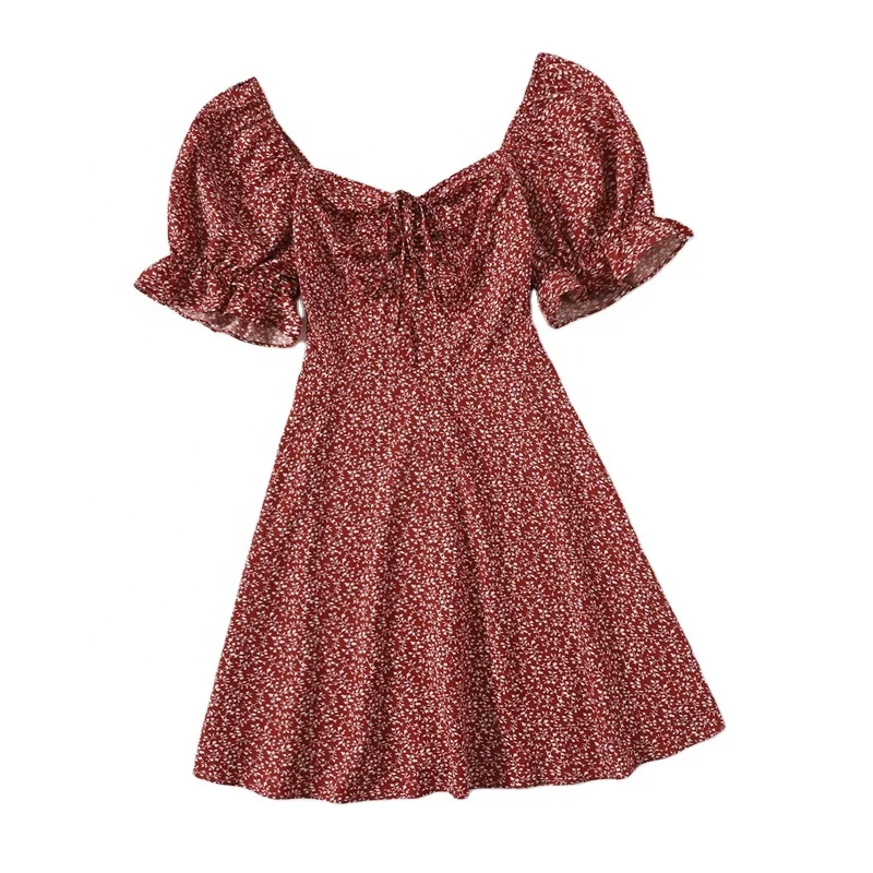 

ODM Allover Plants Print Drawstring Front Ruffle Cuff Dress Women Summer Puff Sleeve High Waist A Line Boho Short Dresses