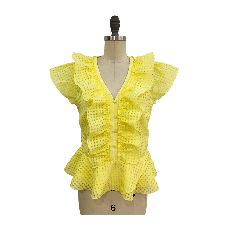 

Summer Fashion Casual V Neck Ruffle Yellow Checkered Blouse With Button