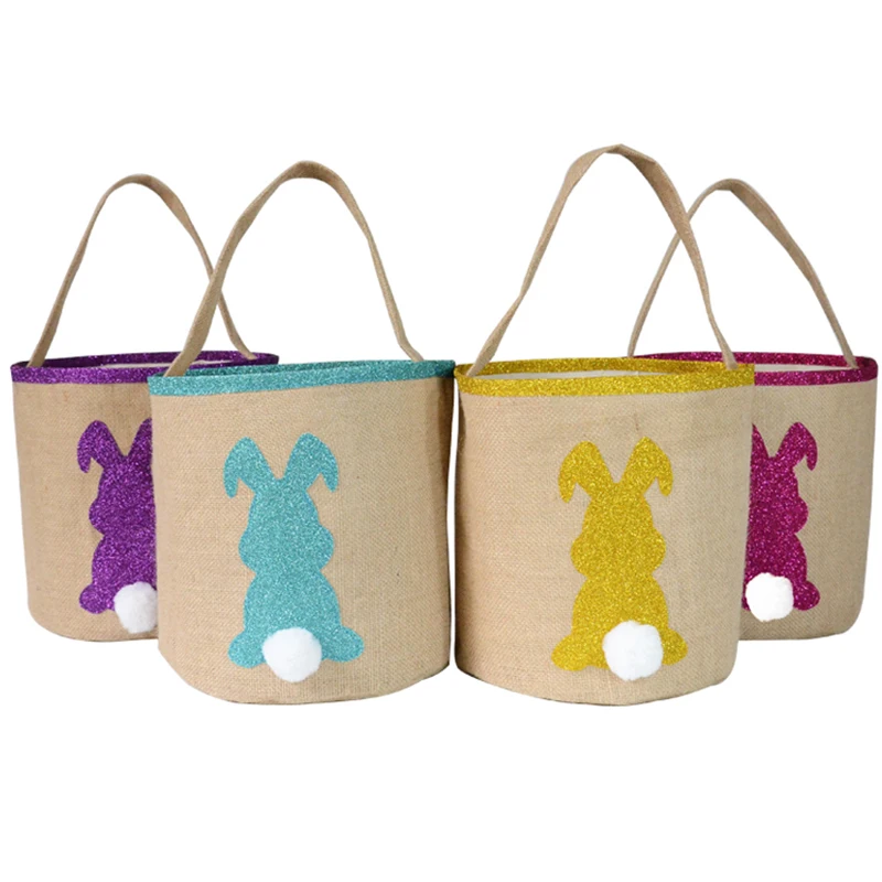 

RTS Burlap Sequined Rabbit Buckets Kids Jute Glitter Bunny Tote To Carry Candy, As picture show