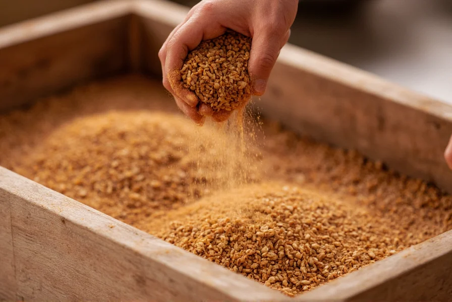 Close-up of cinnamon powder being sprinkled over chicken feed in a wooden trough