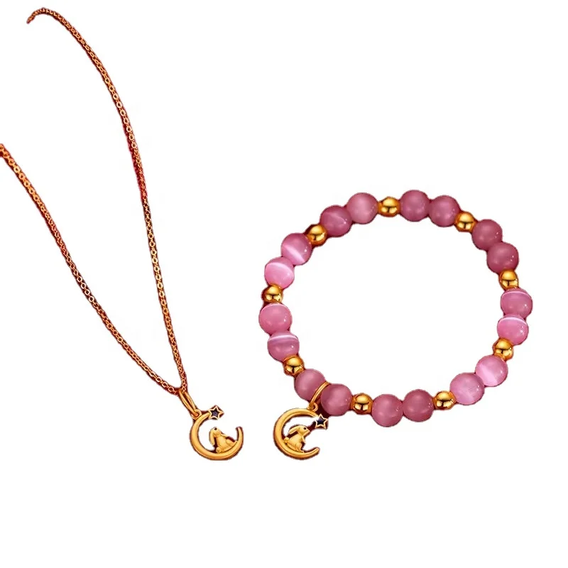 

Cat'S Eye Catching Stars Little Moon Rabbit Necklace Pendant Set Brass Gold Plated White Rabbit Pendant Pink Cat Eye Bracelet