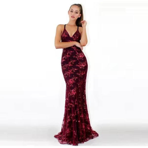 

Factory wholesale women sexy luxury floor length suspender dress elegant lady backless sequin embroidery evening dresses, Picture color