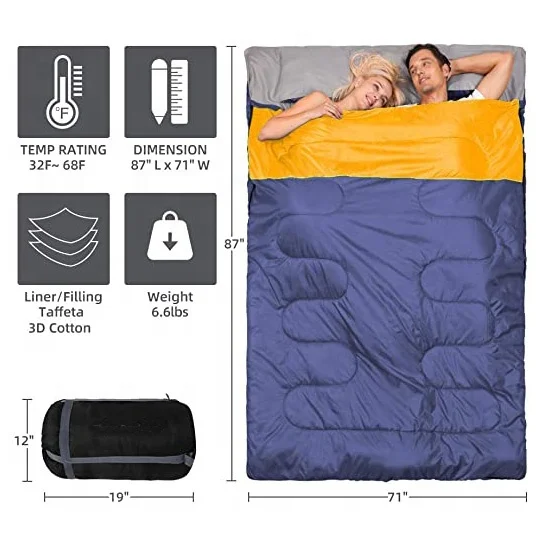 

Family convenient carry OEM camping L size windproof zipper lining warm comfortable detachable pillows double sleeping bag, Customized color