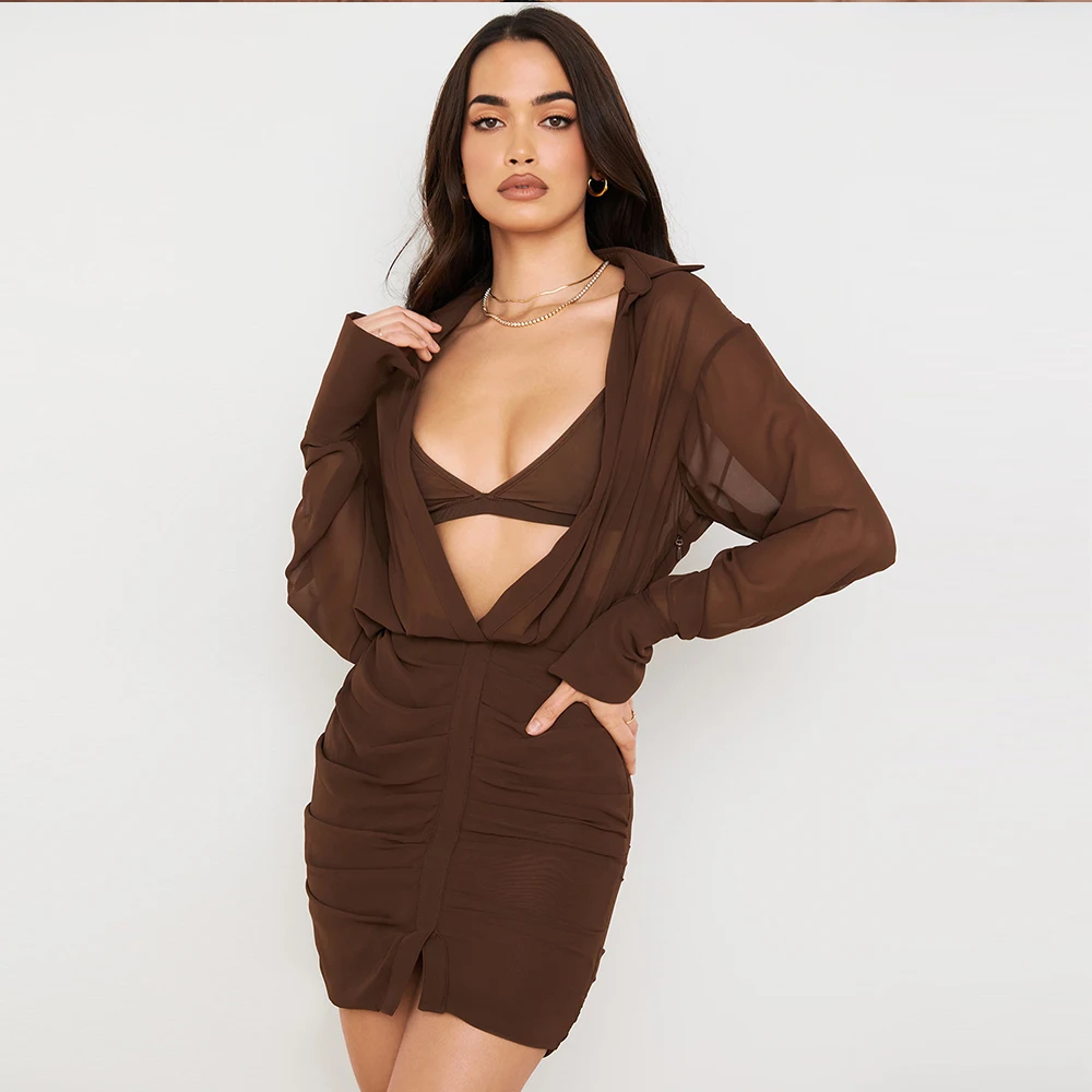 

Coffee Soft Chiffon Long Sleeve Inner Bra Ruched Sheer Robe Sexy Summer Casual Outfits Two Piece Set Shirt Dress