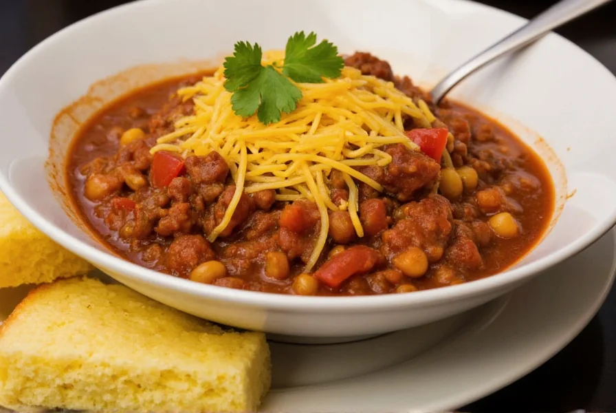 Bowl of chili con carne served with cornbread, shredded cheese, and fresh cilantro garnish