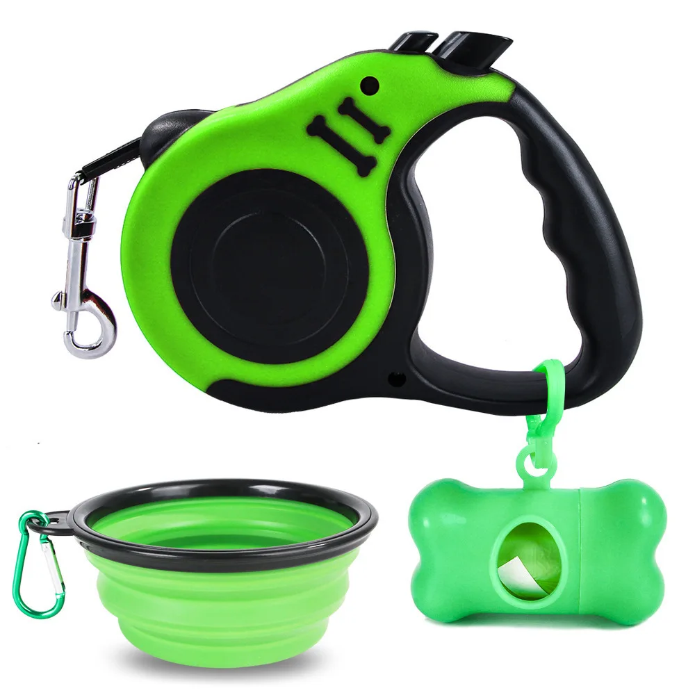 

3 piece Wholesale Retractable Hands Free Plastic Nylon Training Walking outdoor poop bags bowl Pet Dog Leash with Water Bottle, Green,blue,gray