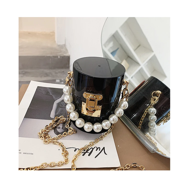 

Acrylic Clear PVC Mini Bucket Handbag Luxury Pearl Chain Crossbody Bag Women Transparent Keys Coins Purses Black Lipstick Packet