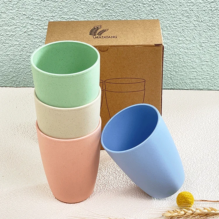 

Custom Logo Portable 350ml Wheat Straw Round Cup, Beige/pink/green/blue/purple
