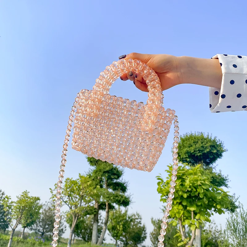 

Girls Beads Handbags Clear Beads Bags Women Clear Purses Beads Crossbody Bags Lady Transparent Pearl Purses Summer Clear Purse, 5colors