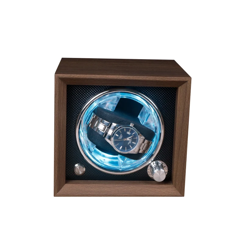 

Wholesale Walnut Luxury Safe Man Wood Single Automatic Gyro Watch Winder Box Rotating Watch Storage Box with Blue Light