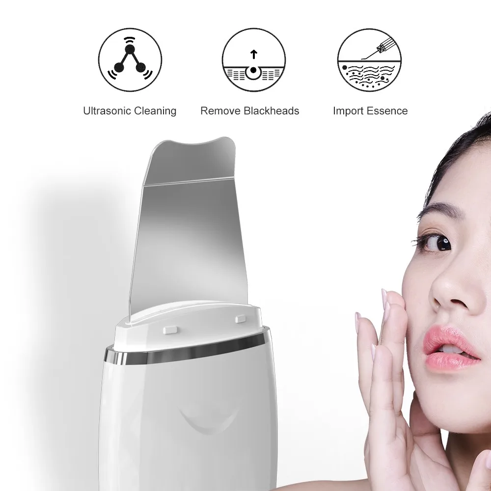 

ABS & Stainless steel private label CE deep cleansing remove dirt blackhead cleaner Ultrasonic ion skin peeling scrubber, White / customized