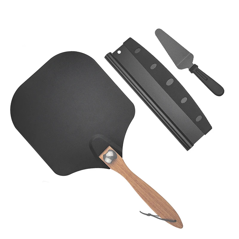 

New Arrivals Non Stick Black Coating Pizza Cutter Server Set And Pizza Peel With Folding Wooden Handle