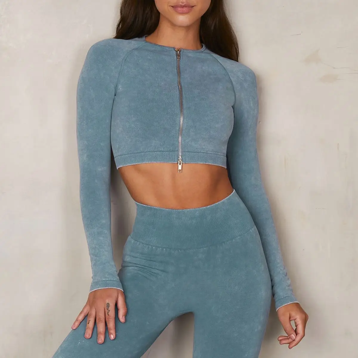 

activewear bluey apparel sand washed denim-like seamless knitted yoga wear activia double zipper long-sleeve athletic wear, Solid color