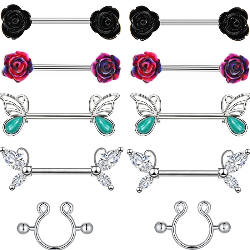 

POENNIS 2022 push in barbell piercing straight new rose flower shape 12 sex gay nipple piercing nipple rings, Silver