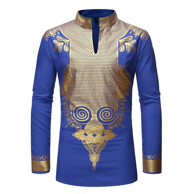 

2021 Arrival New Hot Africa Clothing Mens Print Stamping Stand Up Collar Long Sleeve African Dashiki Style Shirt, 5 colors