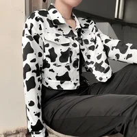 

R20257S Women's 2019 autumn new fashion lapel button casual cow print short denim coat