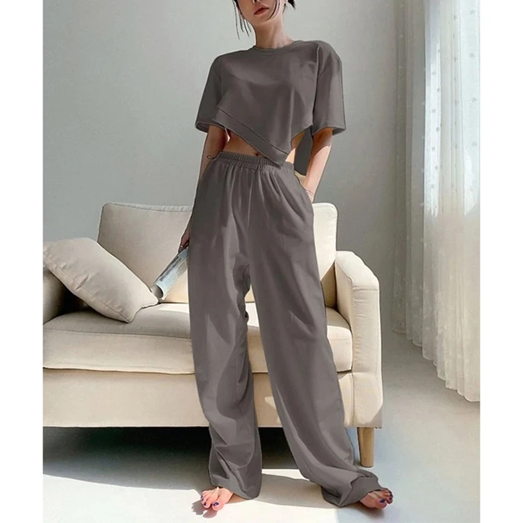 Wholesale pant shirt set women clothing 2023 custom logo sweat suits two piece asymmetrical shirt and pants sets  for women