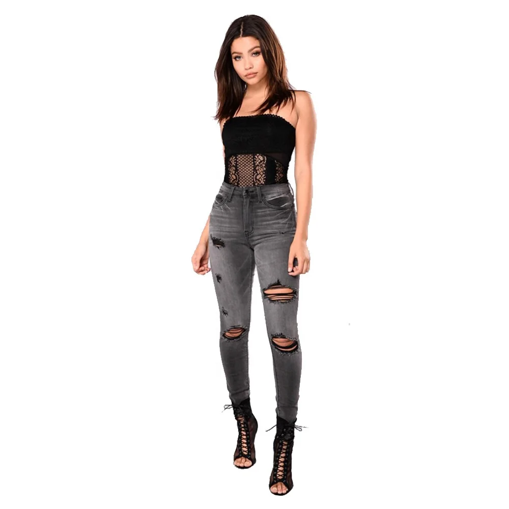 

Latest Trendy Denim Low Price Ripped Slim Fit Stretched Skinny Pants High Waist Black Women Jeans