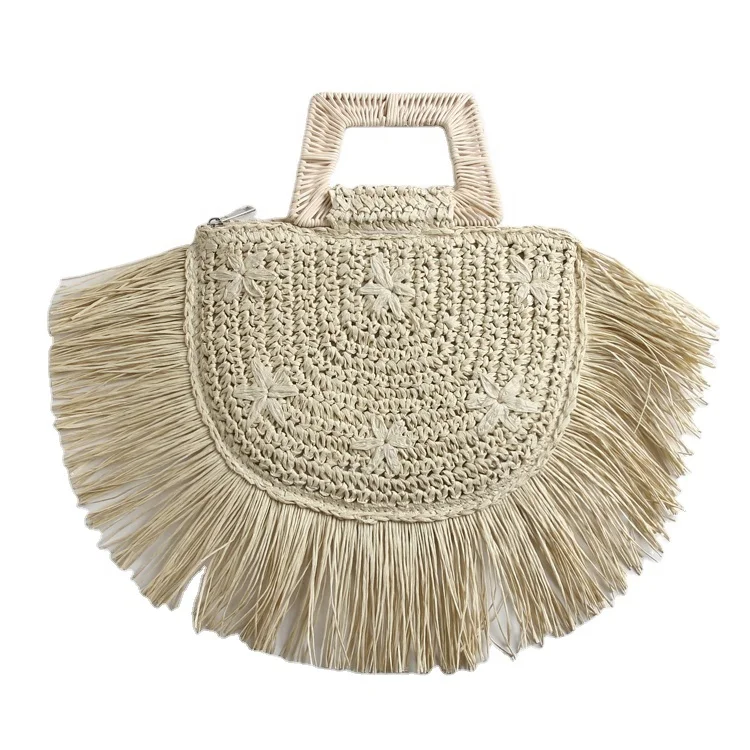 

OEM custom design fashion women straw handbag summer beach tassels bag with wooden handle, Customizable