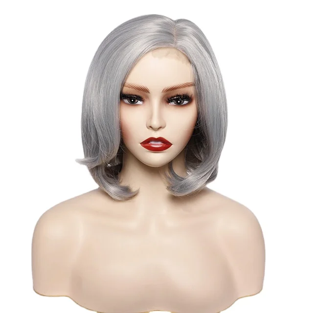 

wholesale cheap lace frontal short bob wigs sliver-white natural wave synthetic hair wigs for women