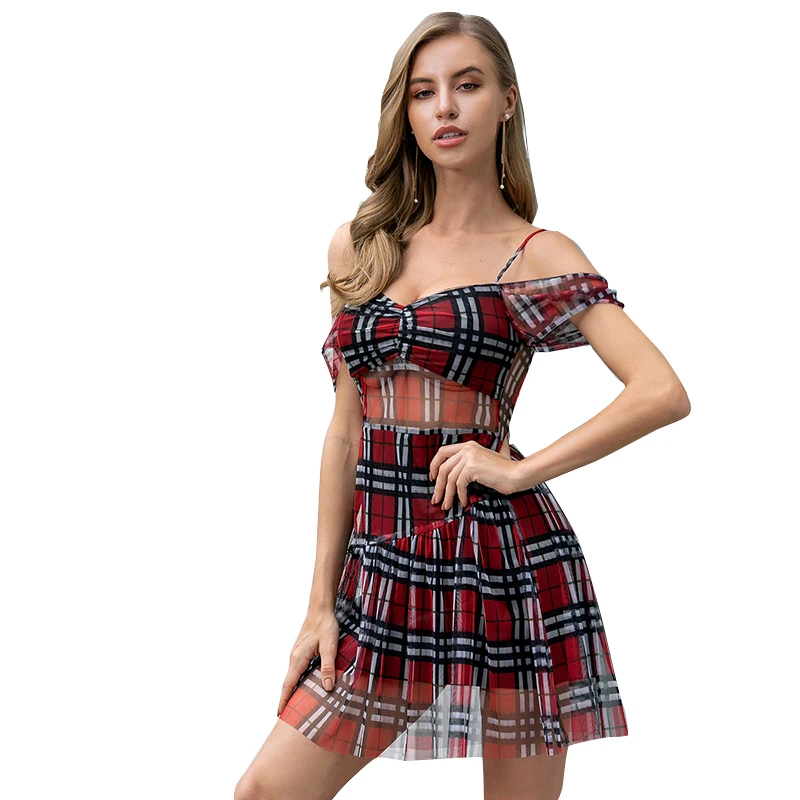 

Weixin Shein Moq 1 Dropshipping Wholesale Checkered Skater Halter Layered Summer Casual Dresses