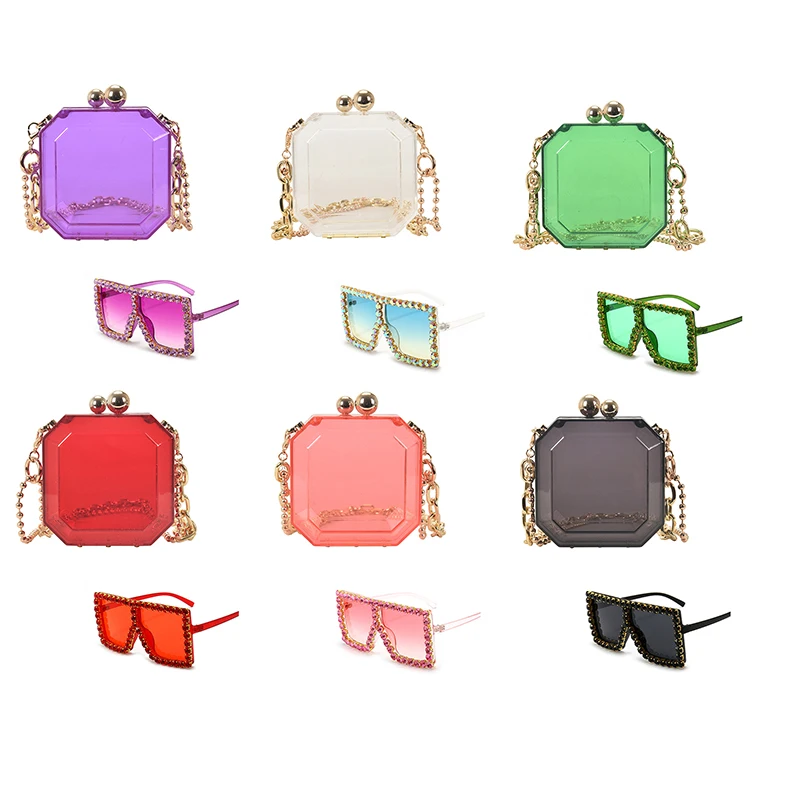 

Hot Selling Factory Trendy Acrylic Purse Bags Women Handbags Ladies Jelly Bag Purse Set Matching Shades Sunglasses Set, Shown