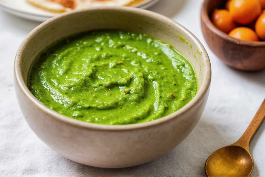 Fresh green coriander chutney in white bowl with lemon wedge and mint garnish