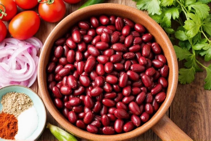 Red kidney beans in a bowl next to chili ingredients including tomatoes, onions, and spices