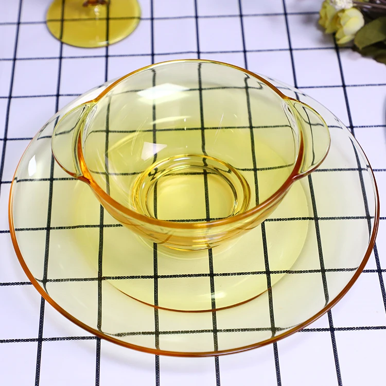 

Hot products golden suppressed cheap high borosilicate glass Light and translucent fruit plate, Yellow