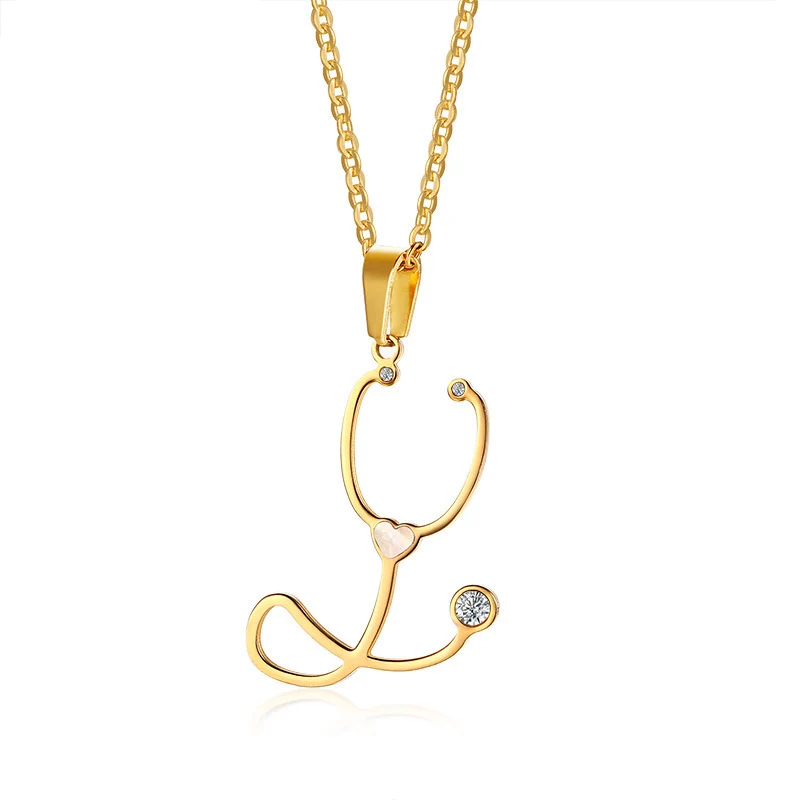 

Women Necklace 20 Inch Shell Zircon Stone Gold Stethoscope Pendant