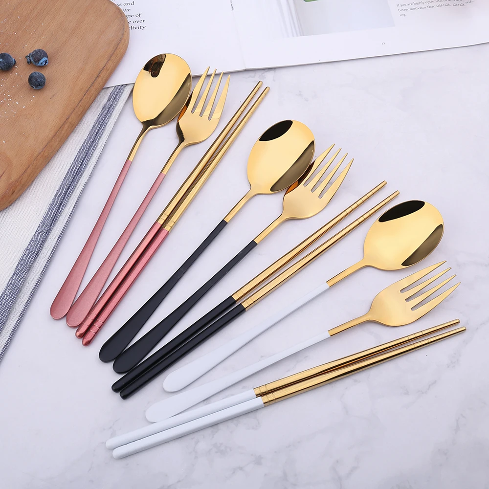 

304 Stainless Steel Portable Cutlery Set Spoon Fork Chopsticks Set With Wheat Box Korean Cutlery, White/black/pink