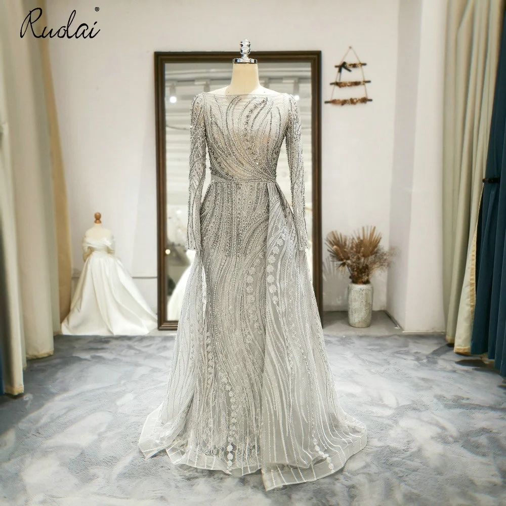 

ASA-0199 Elegant Beaded Lace with Crystal Modest Arabic Long Sleeves Evening Dress, As picture