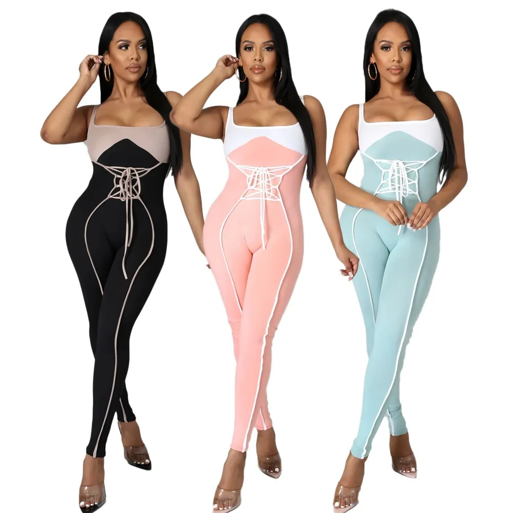 

Contrast Color Women Clothing Casual Tight Skinny Jumpsuit, Black/blue/pink