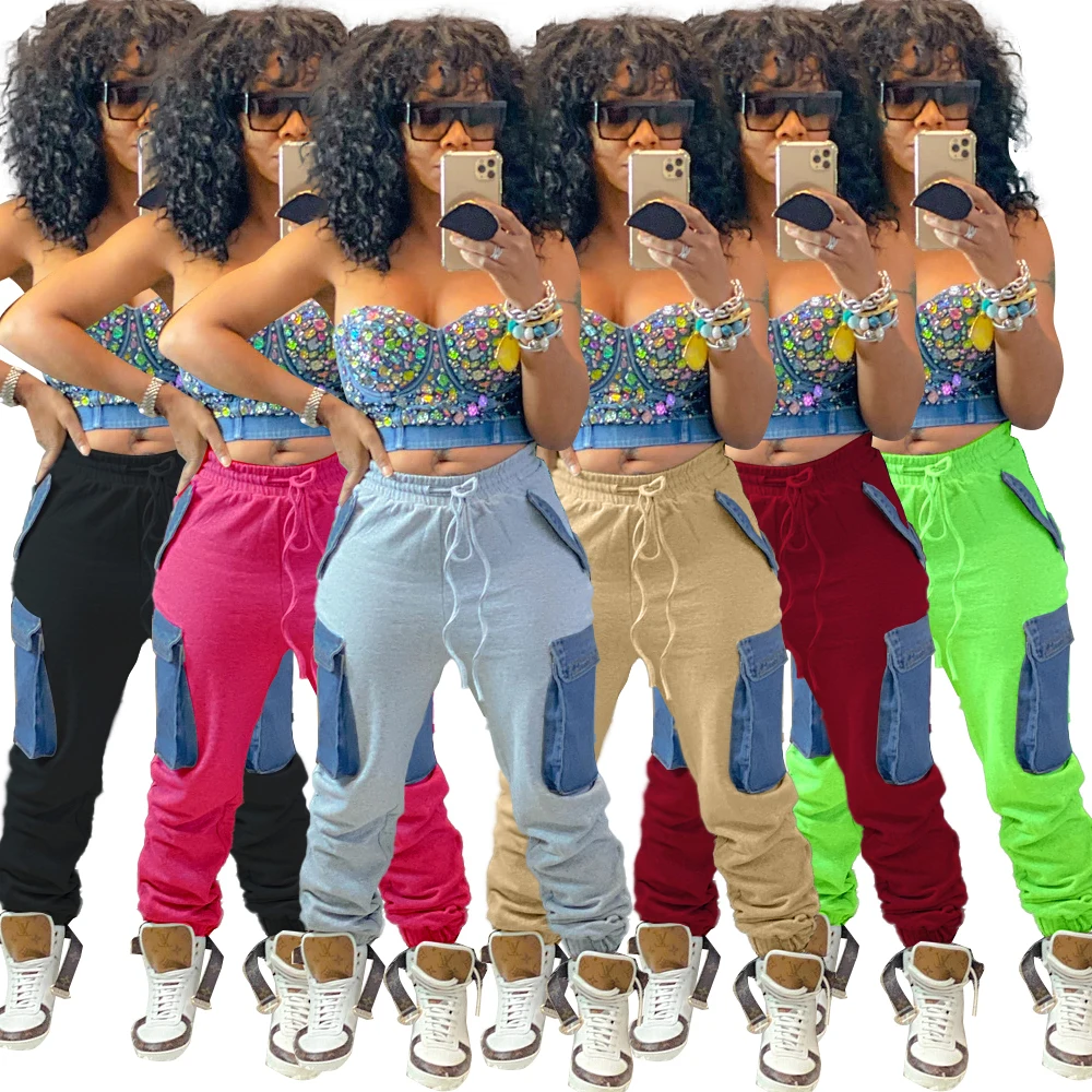 

2021 Fashion Streetwear patchwork pockets joggers pants women loose trousers drawstring track pants cool bottom