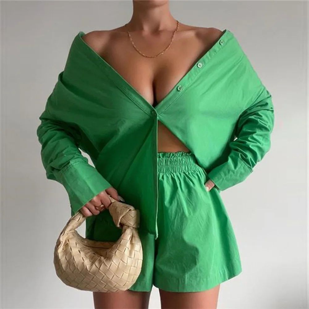 

Women Tracksuit 2022 Shirt Shorts Two Piece Set Green Long Sleeve Top And Mini Shorts Suit Female Summer Lady Fashion Outfits, Picture shows