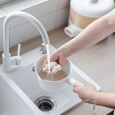 

Factory Injection Plastic White Household Water Scoop with Wooden Handle Household Plastic Water Dipper Ladle Bailer For Kitchen