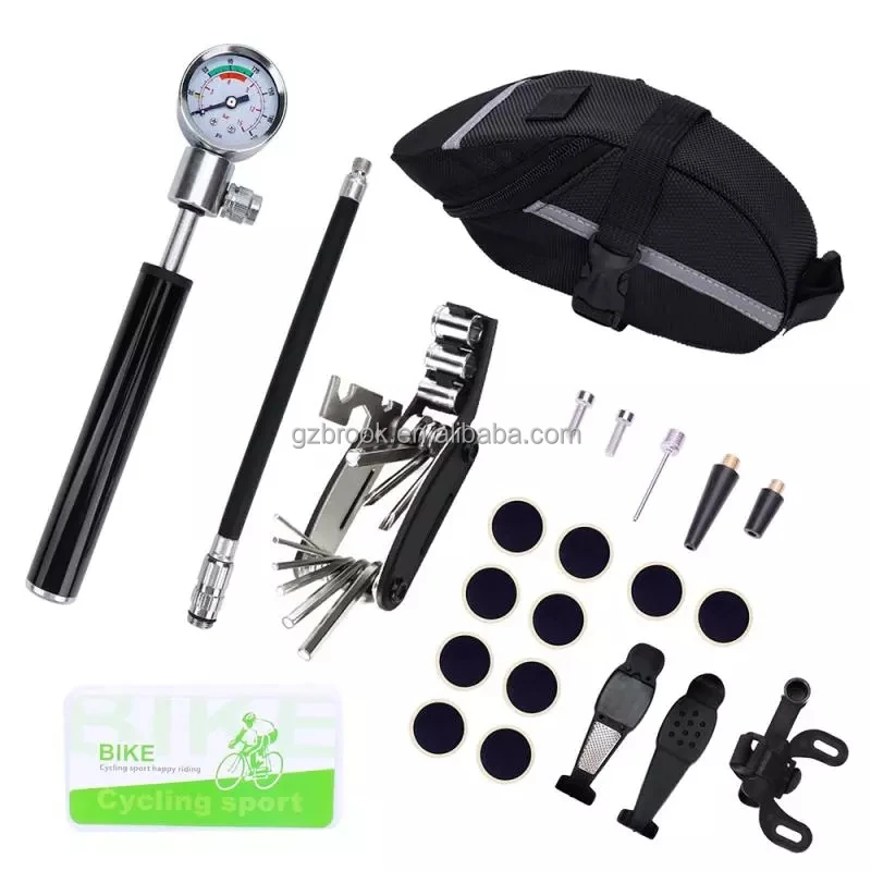 

New Bicycle MTB Repair Tools Kit Mountain Bike Cycle Puncture Tyre Pump with Bag Set MTB Gas Cylinder Gauge Bicycle Accessories, Black