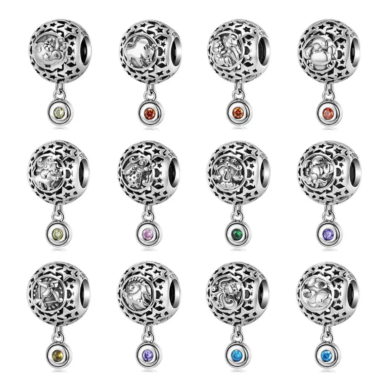 Vintage Diy CZ Twelve Constellations Charms 925 Sterling Silver Zodiac Sign Beads for Jewelry Making