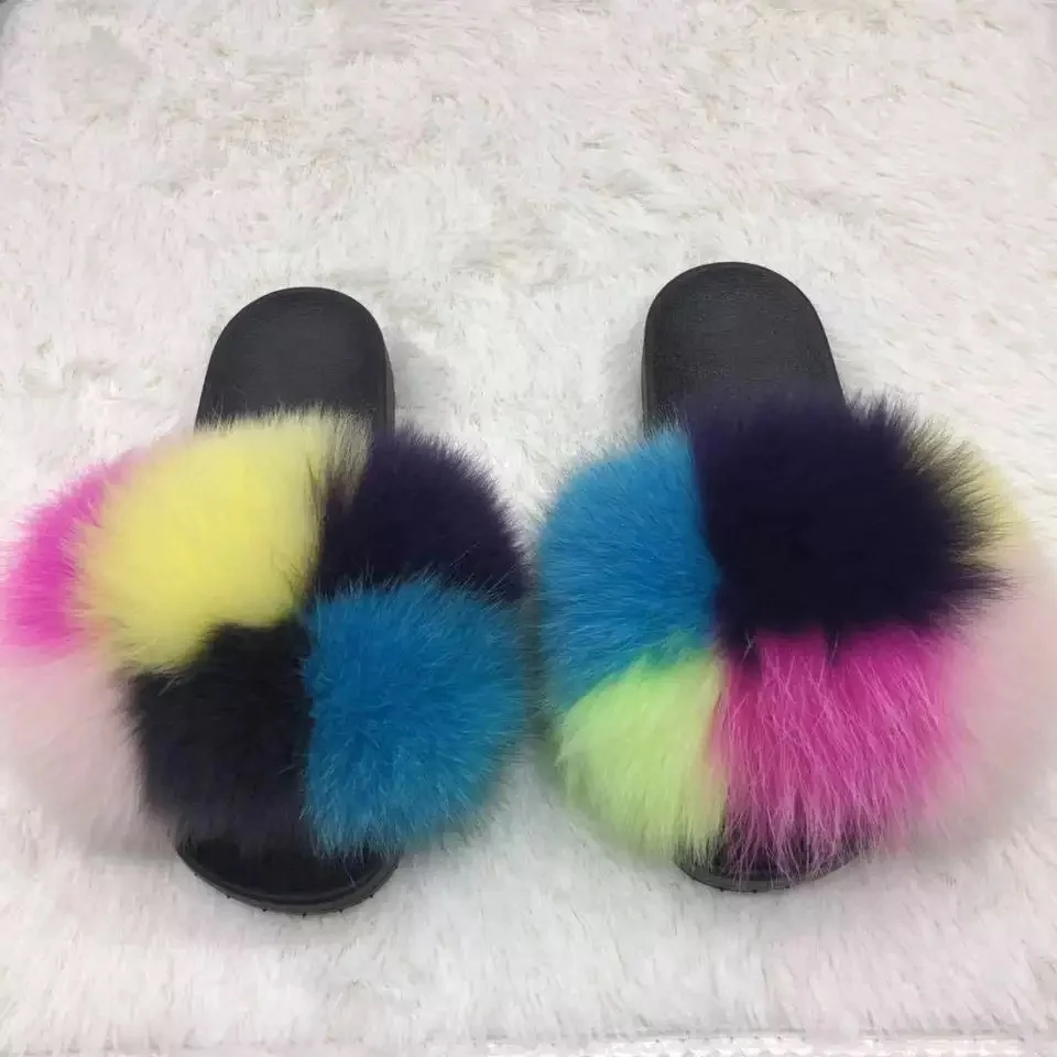 

new design Wholesale real fur slide fox fur indoor slippers for women kinds real raccoon fur slippers, Customized